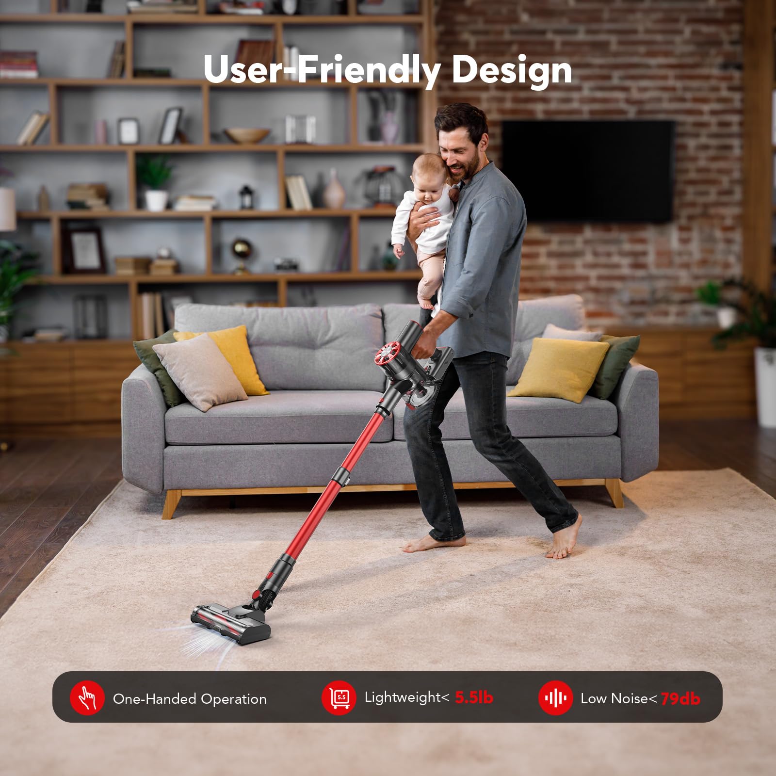 Cordless Vacuum Cleaner, 80,000PRM Stick Vacuum with 2 Powerful Suction Modes, Max 40 Mins Runtime, Protable 2600mAh Rechargeable Battery Vacuum Cleaner for Home (Lotus Red) — view 6
