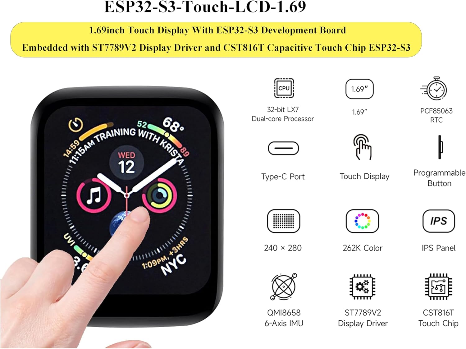 ESP32-S3 1.69inch Touch Display Development Board, 240×280 Pixels, 262K Color, Micro LCD Display with ESP32-S3, Accelerometer and Gyroscope Sensor