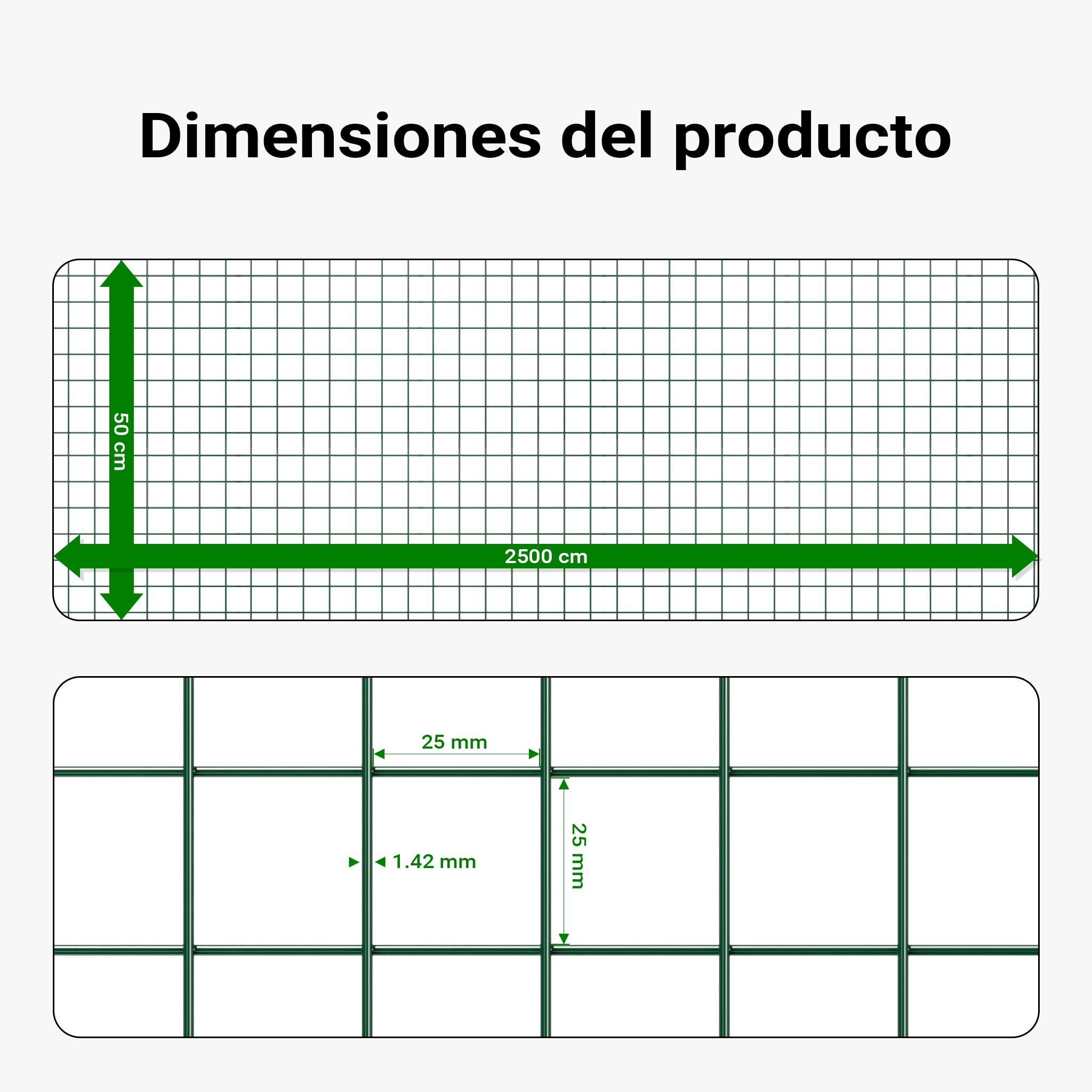 Malla de alambre cuadrada 25x25mm de color verde, rollo 25m largo y 50cm alto, de acero galvanizado