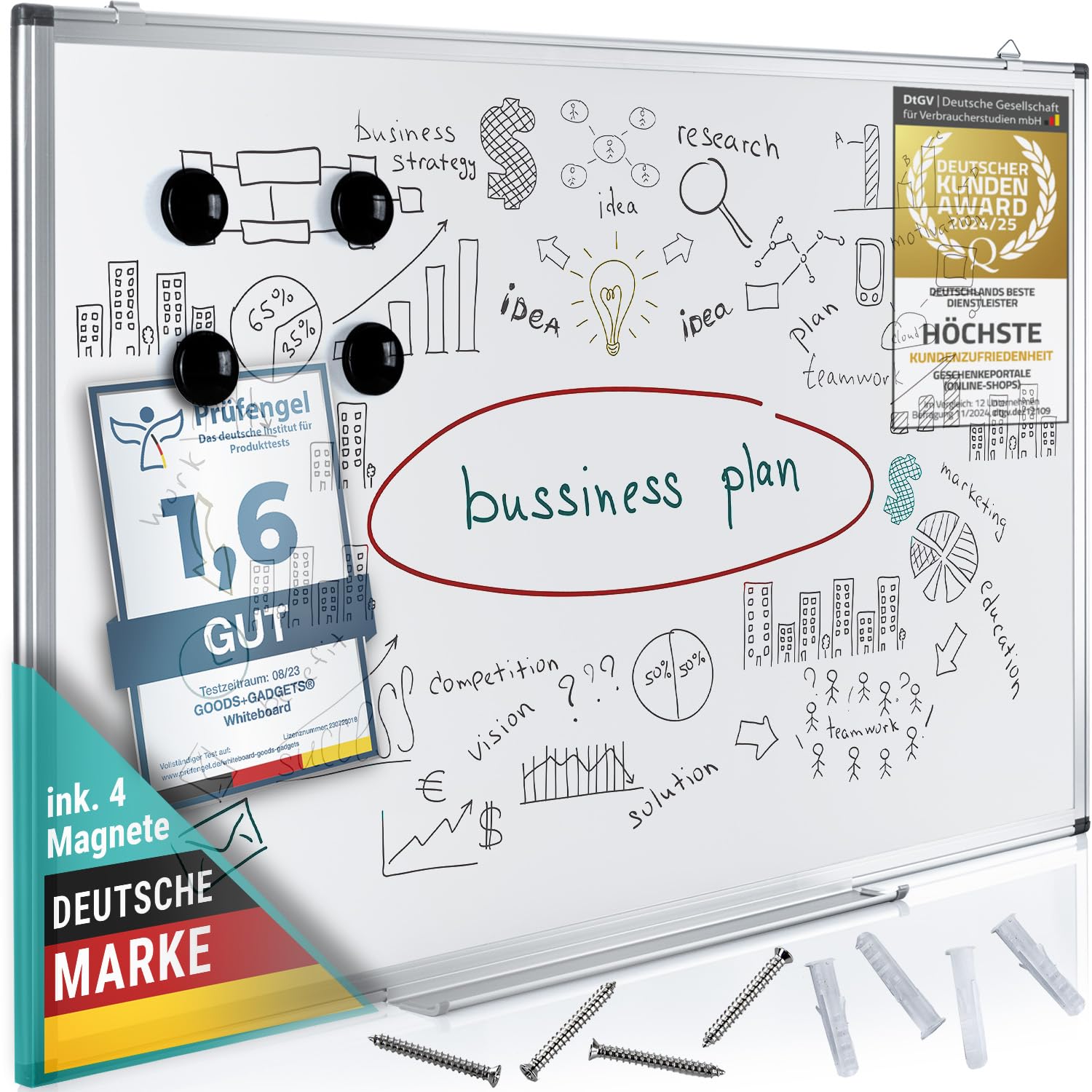 White-Board Magnettafel 90 x 59 cm, Schreibtafel Magnetisch & Abwischbar mit Stiftablage & 4 Memoboard Magnete; Must-Have Tafel für Schule, Büro & Zuhause