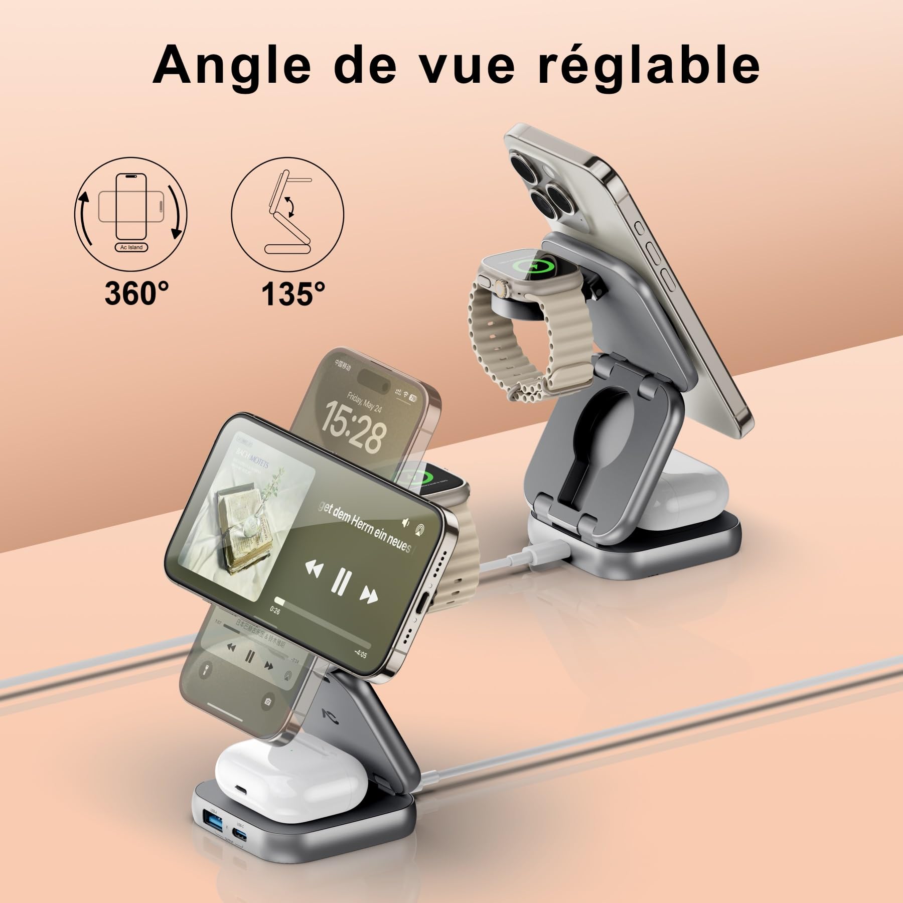 AC Island Chargeur Induction iPhone Compatible avec Mag-Safe, 5 en 1 Chargeur Rapide sans Fil pour séries iPhone 17/16/15/14/13/12, Apple Watch, AirPods, Station de Chargeur Pliable (Gris)