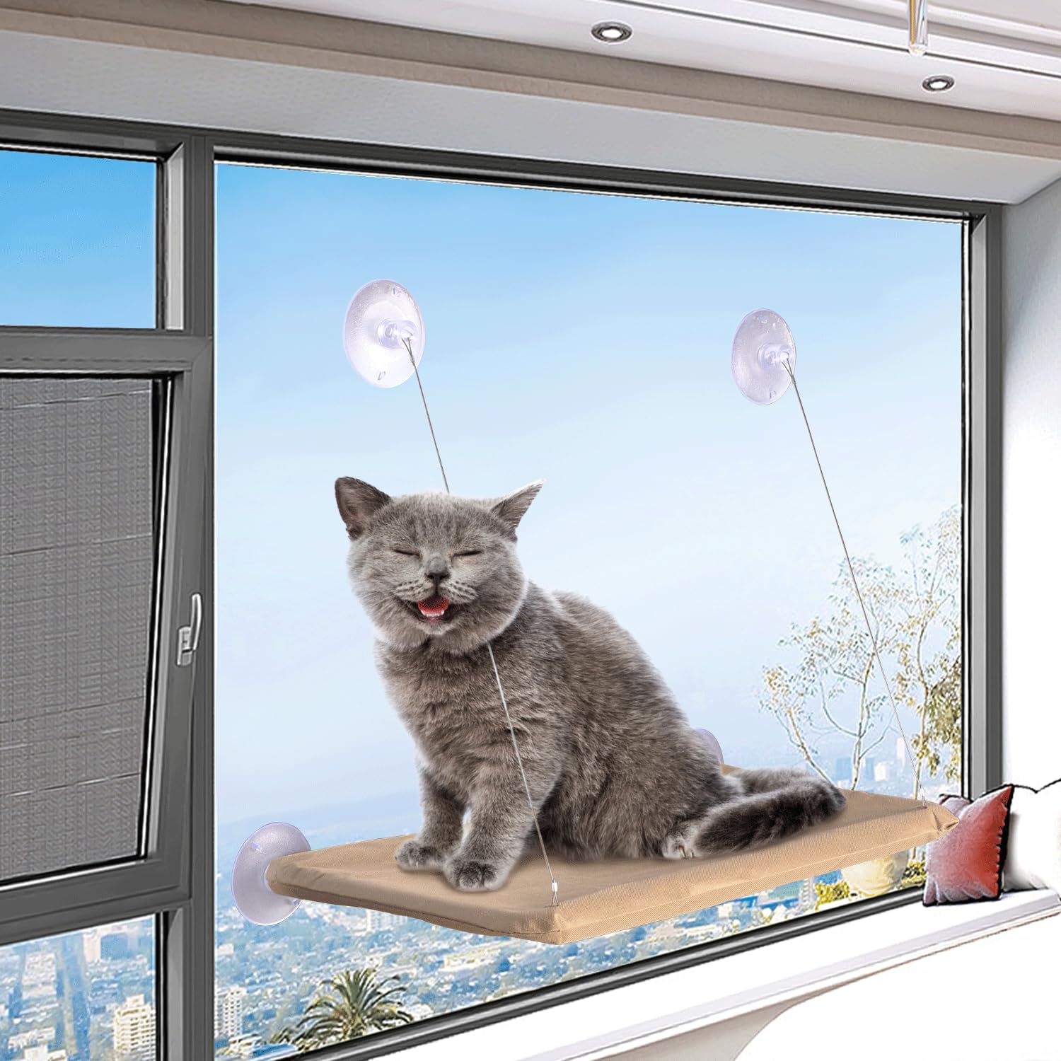 Cat Window Perch with Strong Suction Cups, Cat Window Hammock, Durable Steel Frame, Bite-Resistant Oxford Cloth, Easy Assembly for Smooth Surfaces (Khaki, one Size)