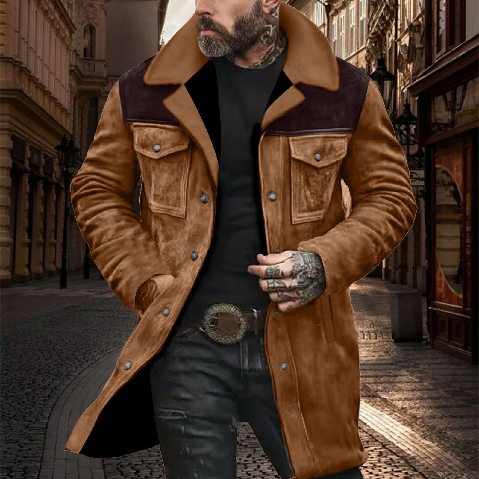 Giacca invernale da uomo, lunga, con bottoni e tasche | Giacca in pelle scamosciata patchwork, colletto a risvolto, cerniera, giacca per le mezze stagioni, con bottoni