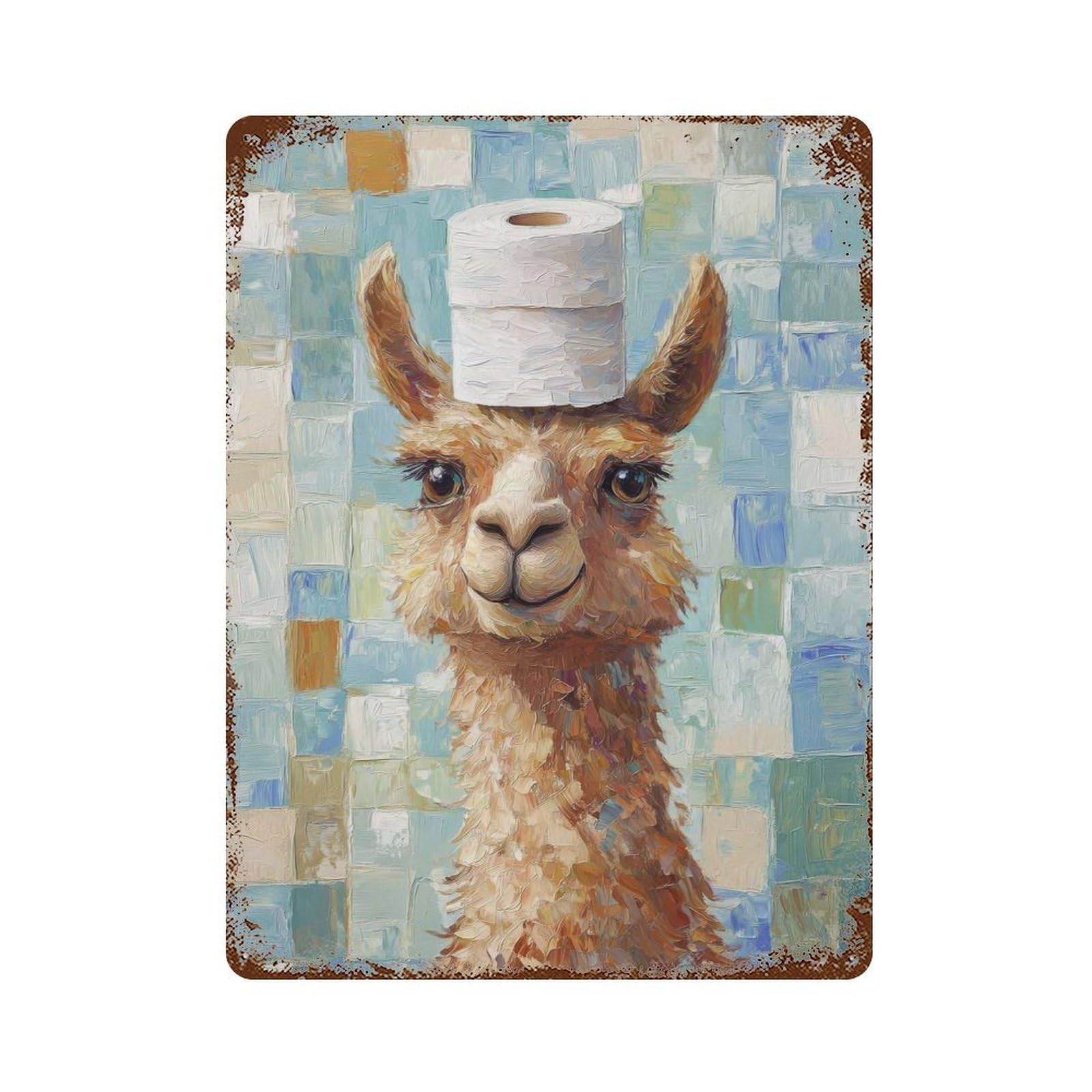 Llama with Toilet Paper Hat Rusty Metal Tin Sign 15.7"x11.8", Ideal for Pub, Kitchen And Man Cave Decor