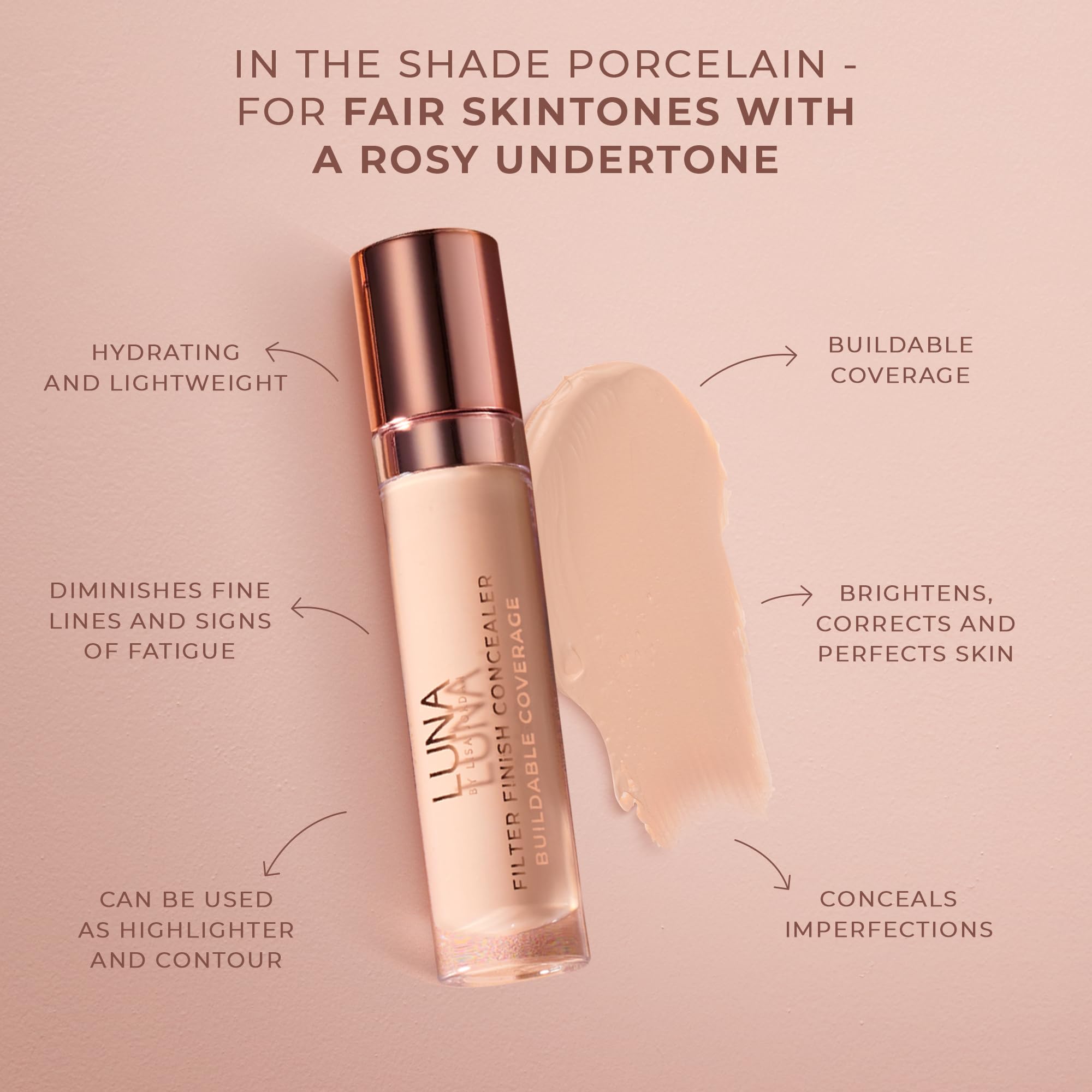 LUNA Filter Finish Concealer in PORCELAIN Shade, Hydrating Cream Concealer Contains Vitamin E, Hyaluronnic Acid and Glycerin - Image 3