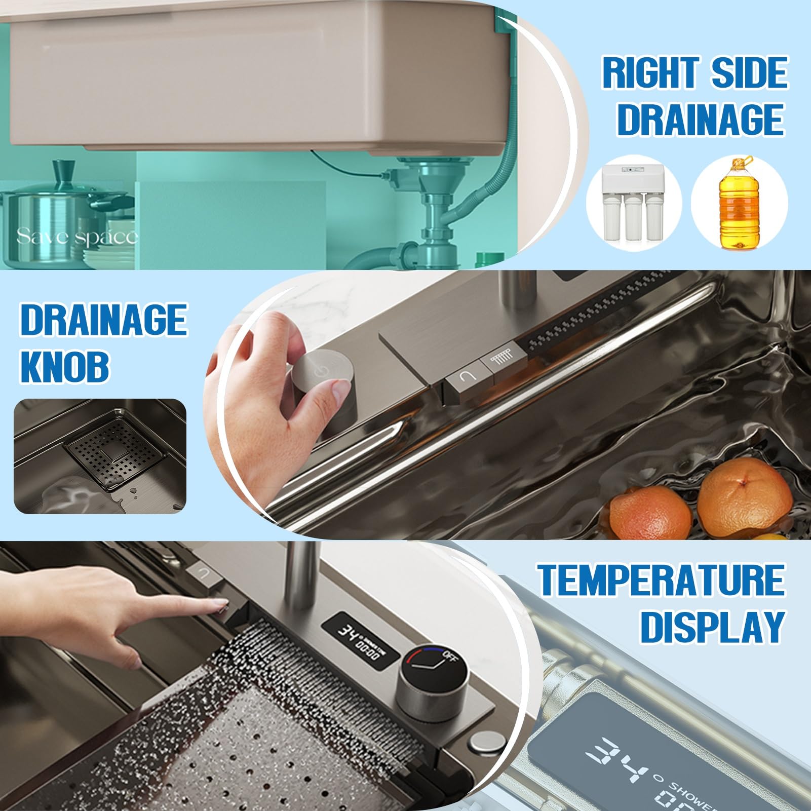 Fregadero De Cocina Moderno De Acero Inoxidable Con Grifo Con Indicador De Temperatura, Diseño En Cascada, Fregadero Multifuncional De Un Solo Recipiente, Con Grifo Extraíble, Juego Completo De Fregad
