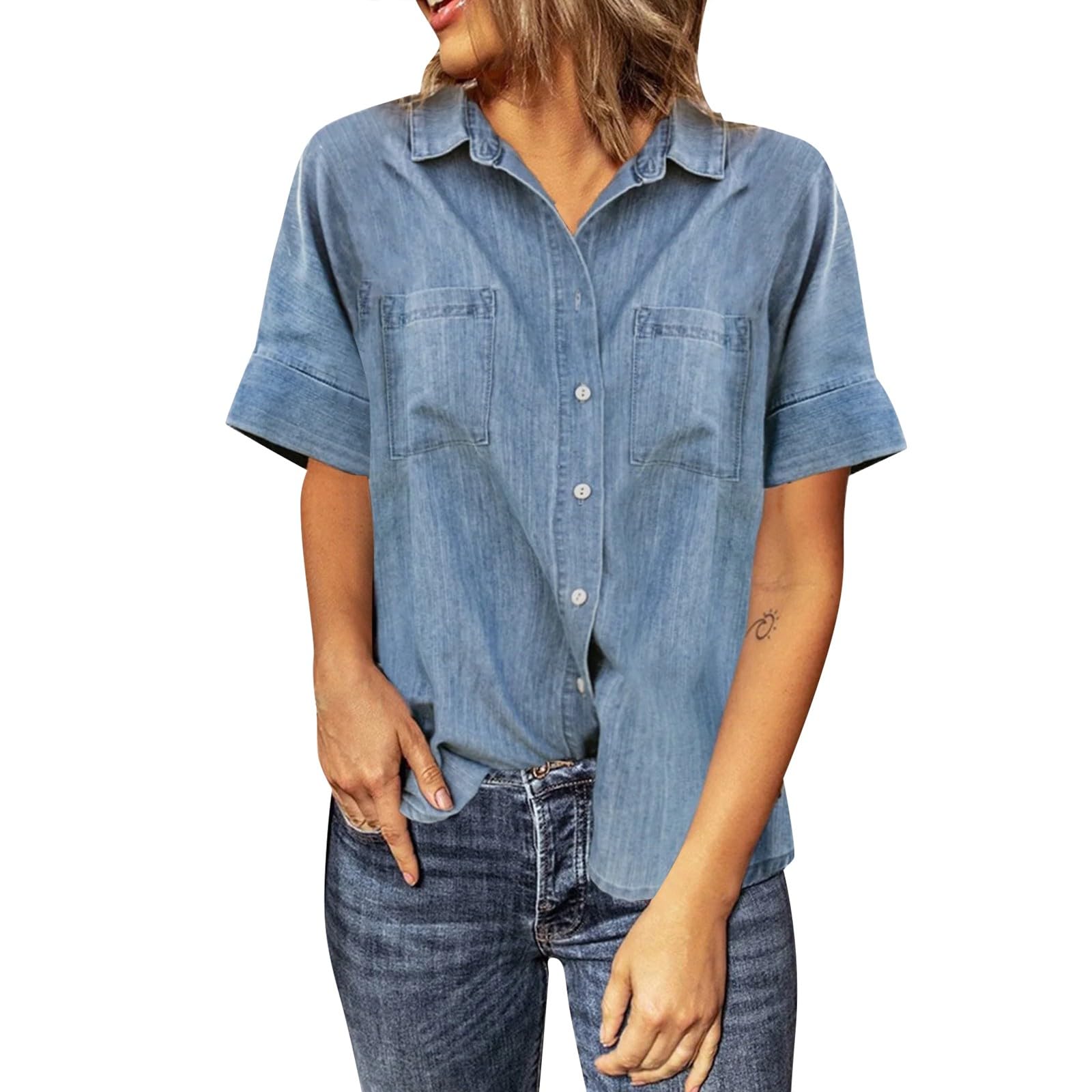 Generico Camicia da Donna A Maniche Corte con Colletto - T-Shirt Casual
