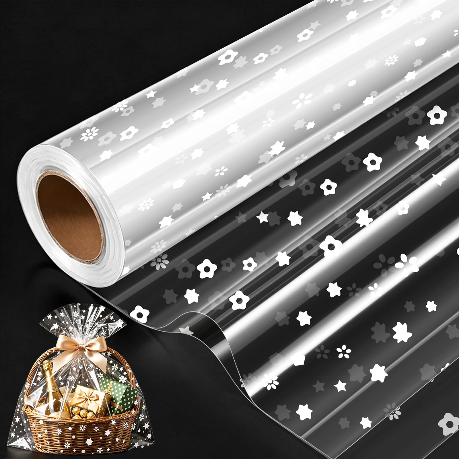 Cellophane Wrap 80cm Extra Wide White Floral Design Cellophane Bags 80cm x 30m Foldable Clear Wrapping Paper for Hamper for Birthday Gifts Gift Baskets Easter Eggs Valentine's Flowers Craft Packaging