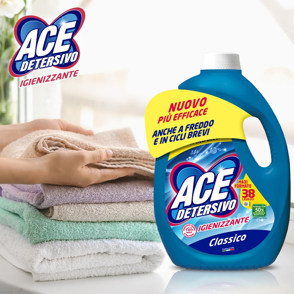 ACE Detersivo Igienizzante Classico – Detersivo Liquido Lavatrice, Rimuove Macchie e Sporco, Igienizza Tessuti, Bucato Pulito e Fresco anche a Freddo, Formula Efficace e Profumo Duraturo, 152 lavaggi