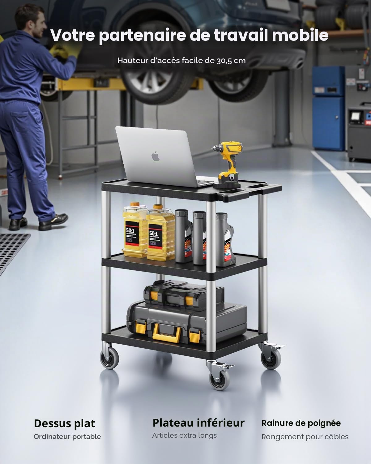 VEVOR Chariot de Service, 695x460x825 mm, Desserte à roulettes Utilitaire en Plastique Robuste à 3 Niveaux, avec Roues Pivotantes 360° (2 avec Freins), Adapté pour Entrepôt, Bureau, Maison, Nettoyage
