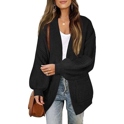 MEROKEETY Women's Chunky Cardigan Sweaters 2025 Lantern Long Sleeve Oversized Knit Outerwear with Pockets