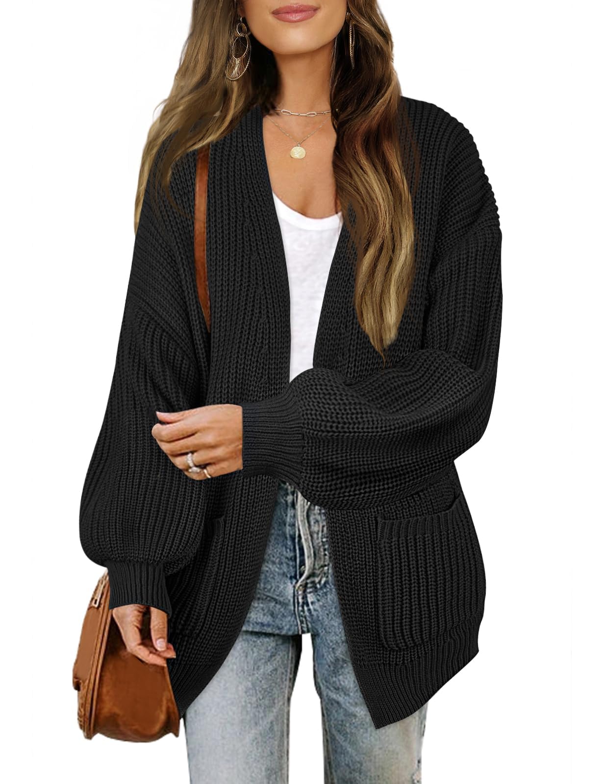 Women's Chunky Cardigan Sweaters 2025 Lantern Long Sleeve Oversized Knit Outerwear with Pockets