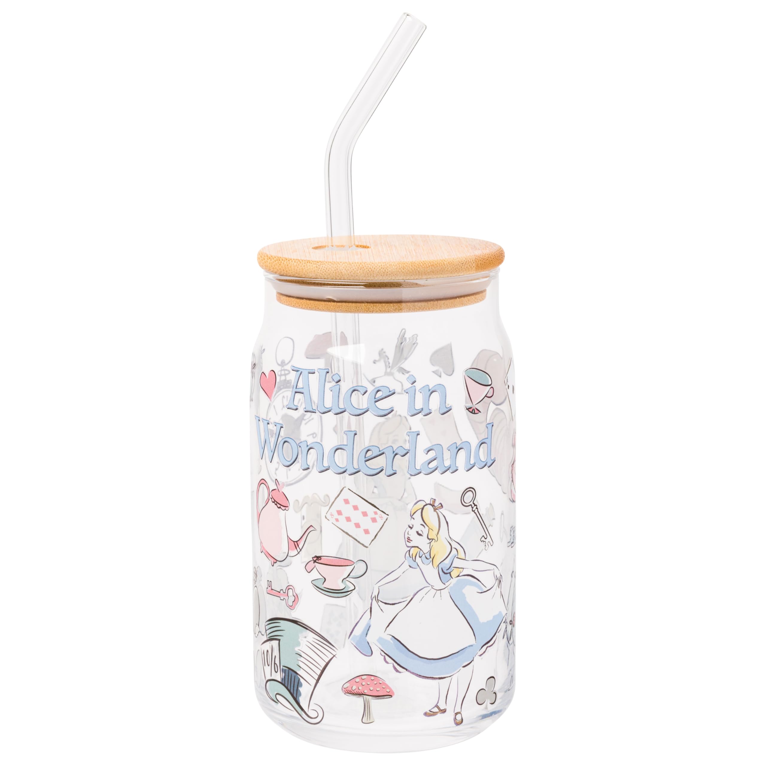 Silver Buffalo Disney Alice in Wonderland Glass Jar Tumbler with Bamboo Lid and Glass Straw 16 Ounces