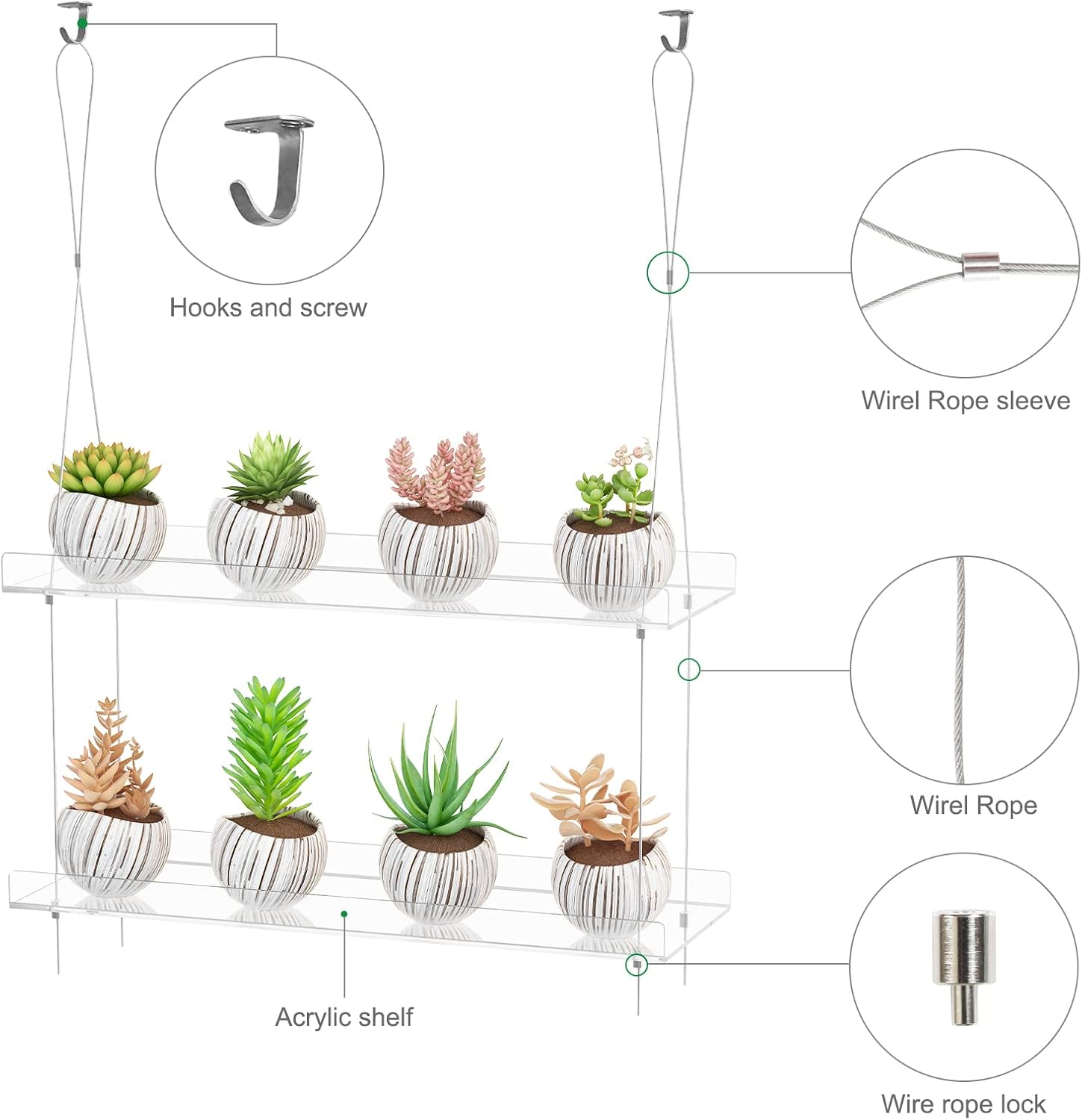 2-Tier Acrylic Hanging Plant Shelves - Height Adjustable Clear Acrylic Shelves for Windows - Perfect for Indoor Gardens, Kitchen Window Displays of Flowers, Succulent Plants, and Seedling Growth