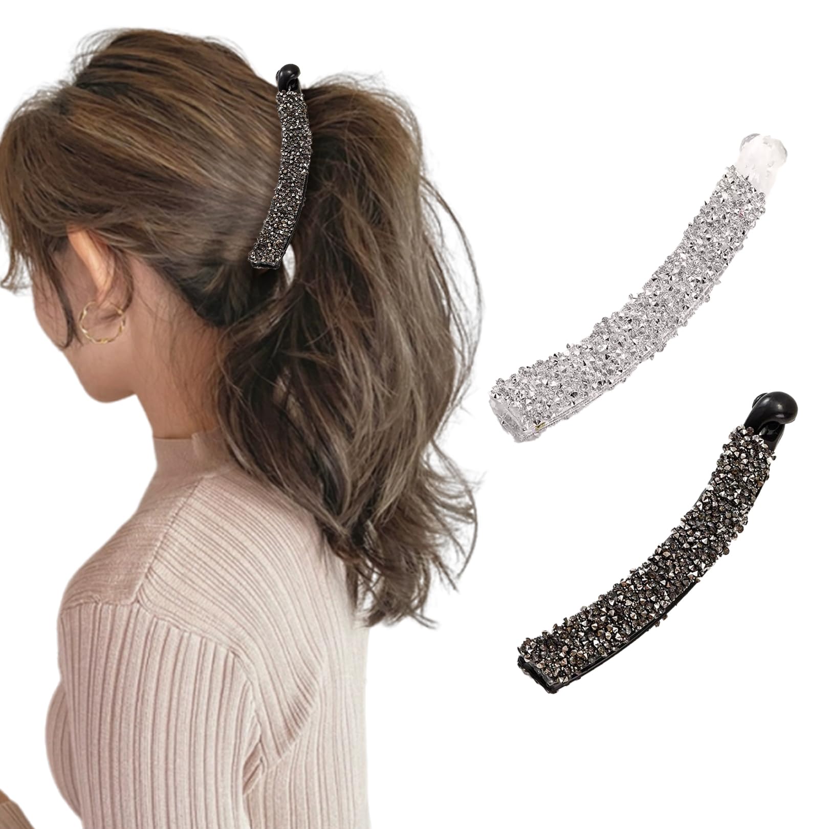 2er Set Banana Clips Mit Strass – Elegante Haarklammern Für Dünnes & Dickes Haar | Schwarz & Weiß, 10 Cm Länge