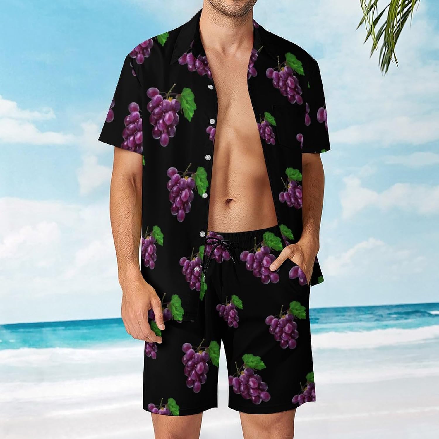 Purple Grape Fruit Men's Summer Beach Outfits Shirt And Shorts Set 2 Piece Vacation Swimwear