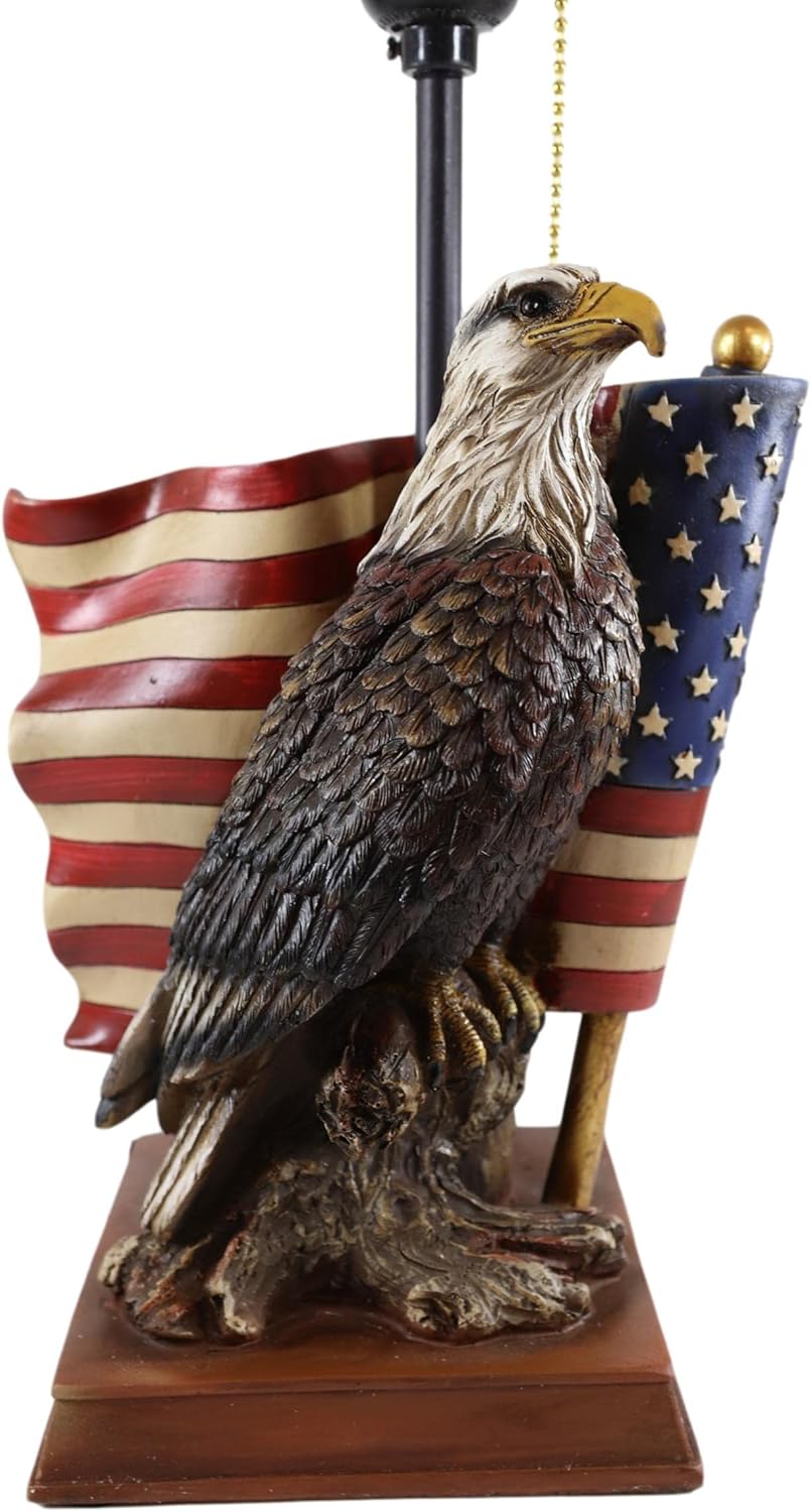 Ebros Gift Rustic Patriotic American Emblem Bald Eagle with Star Spangled Banner Flag Memorial Desktop Side Table Lamp with Brown Faux Leather Laced Shade Land of The Brave and Free