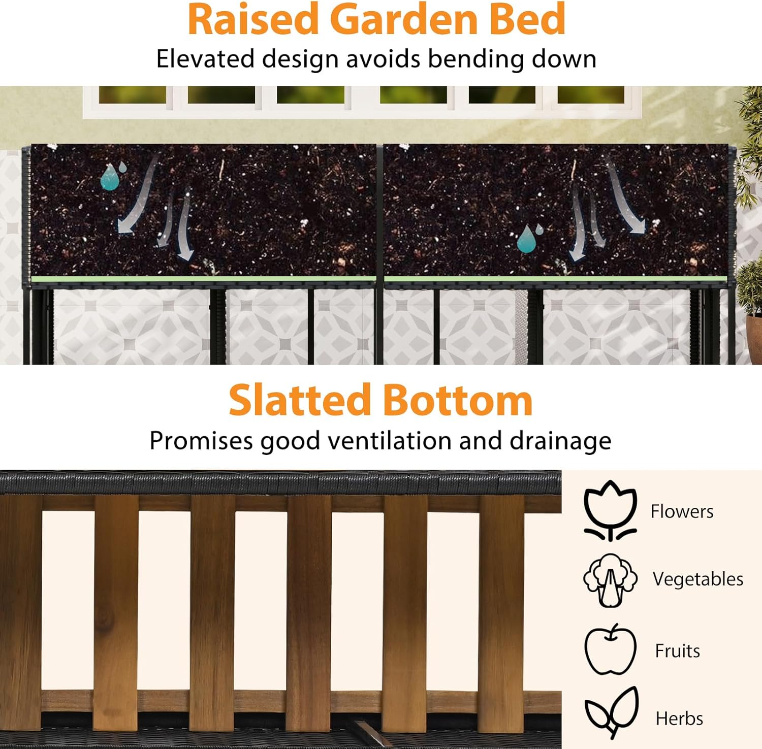 Tangkula Patio Furniture Set with Raised Garden Bed, PE Rattan Garden Planter Table with Built-in Chairs and Storage Space, Acacia Wood Outdoor Conversation Set with Sturdy Metal Frame