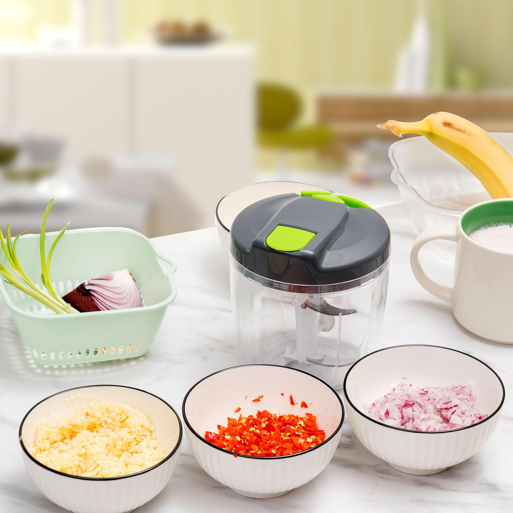 Procesadores manuales de alimentos y picadora con tapa y asa, cortador manual de cebolla, cortador de rebanador de verduras, adecuado para ajo, zanahorias, cebollas, pimientos, frutas, picado 7