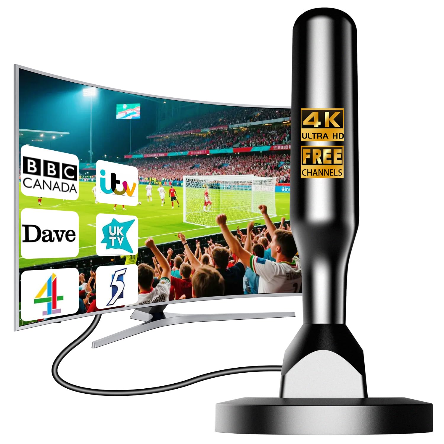Antenne TV Intérieure Puissante – Antenne TNT HD 4K Longue Portée, Réception 360° Stable et Fluide, Antenne TV Numérique Compatible DVB-T/T2 avec Câble Coaxial 5 m (K-FR-AH75-03-260521)