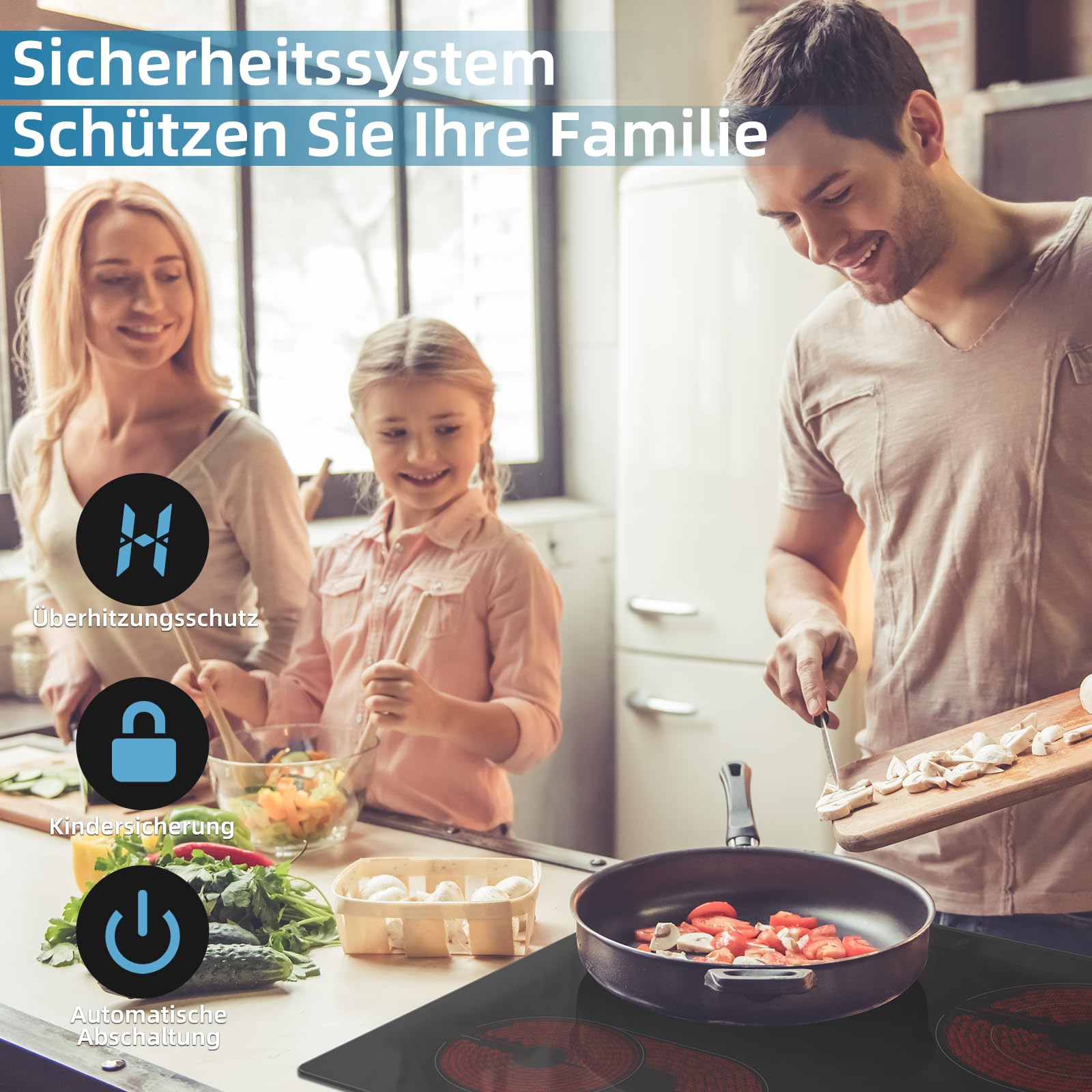 Glaskeramikkochfeld 4 platten, WEHIMO Glaskeramikkochfeld 60cm, 7200W, 4 Kochzonen mit dualkochzone, 9 Stufen, Kindersicherung, Timer, Einbau Rahmenlos Keramikkochfeld, Geeignet für Alle Töpfe