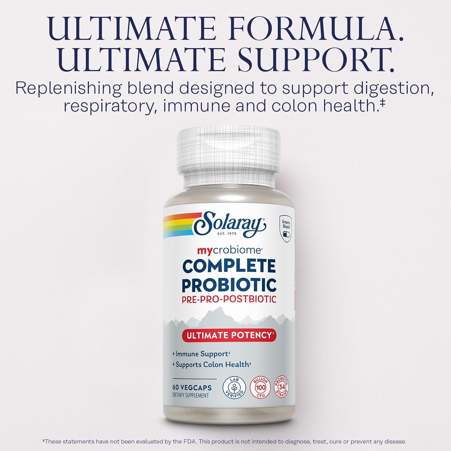 SOLARAY Mycrobiome Complete Probiotic Ultimate Potency - Pre and Probiotics for Women and Men Plus Postbiotic - 100 Billion CFU, 34 Strains - Vegan - 30 Servings, 60 VegCaps