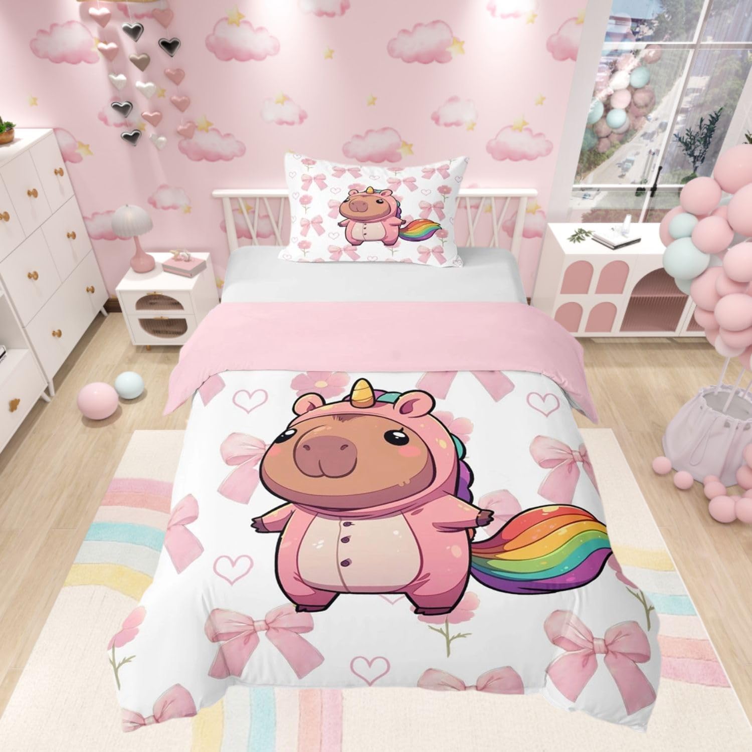 Homewish Kids Unicorn Capybara Duvet Cover Girls Pink Bow Cot Bedding Set - Cartoon Capybara Animal Quilt Cover Princess Style Cute Bowknot Floral Bed Set with Pink Reverse - 1 Pillowcase — image 1