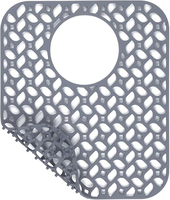 JUSTOGO Silicone Sink Mat, Rear Drain Kitchen Sink Protector Grid Accessory, 1 PCS Folding Non-slip Sink Mats for Bottom of Farmhouse Stainless Steel Porcelain Sink (Grey,13.58 ''x 11.6 '')