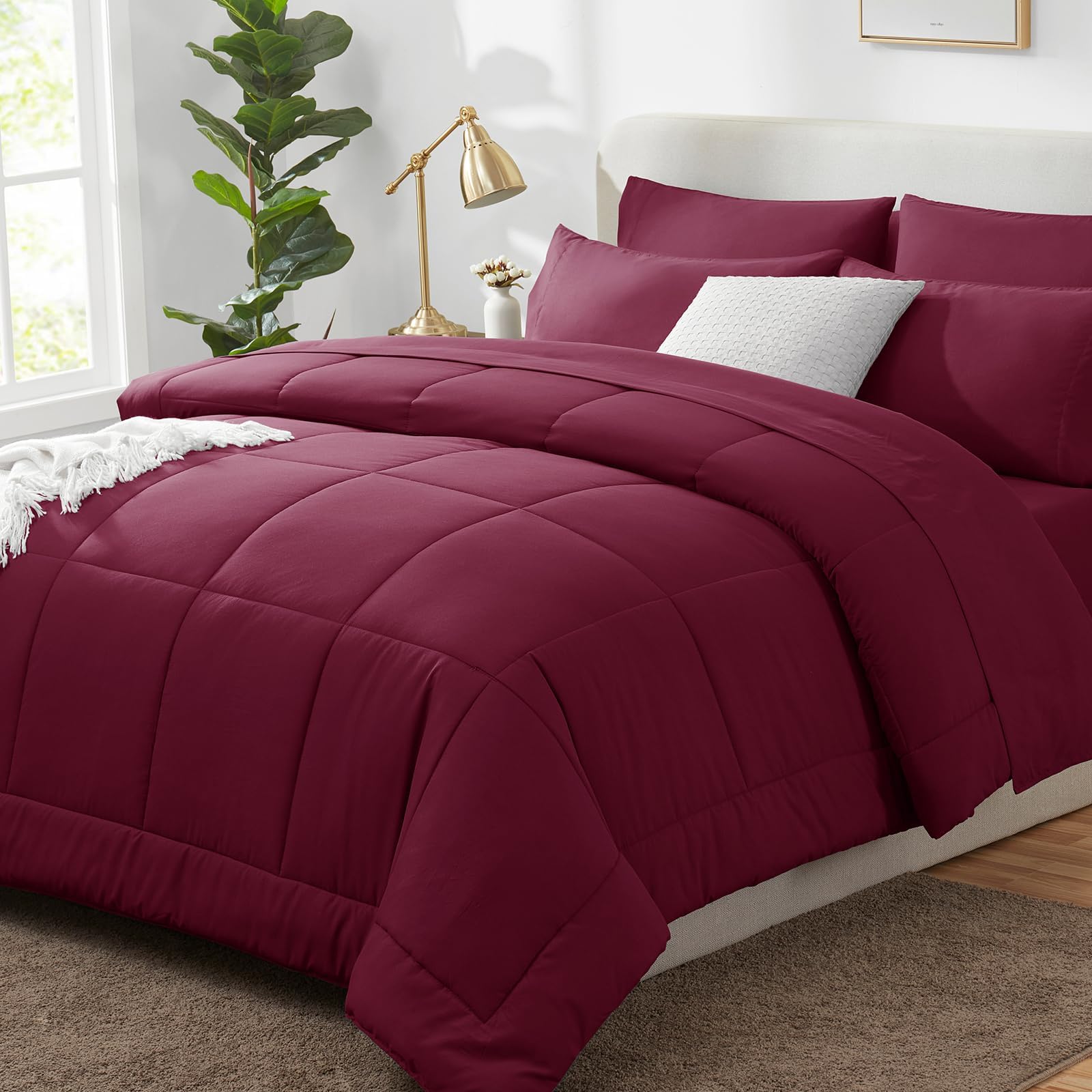 CozyLux Queen Comforter Set Burgundy, 7 Pieces Bed in a Bag, Red Comforters Queen Size, All Season Bedding Sets with Stitch Quilted Comforter, Flat Sheet, Fitted Sheet, Pillowcases