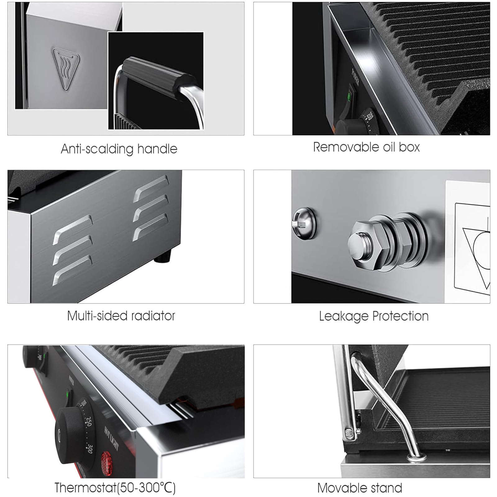 Sandwichera Comercial Eléctrica Panini Press Maker 50-300 ℃ Control De Temperatura Ajustable Superficie Antiadherente Placas De Doble Ranura 3600W Sandwichera Tostadora para Cocina