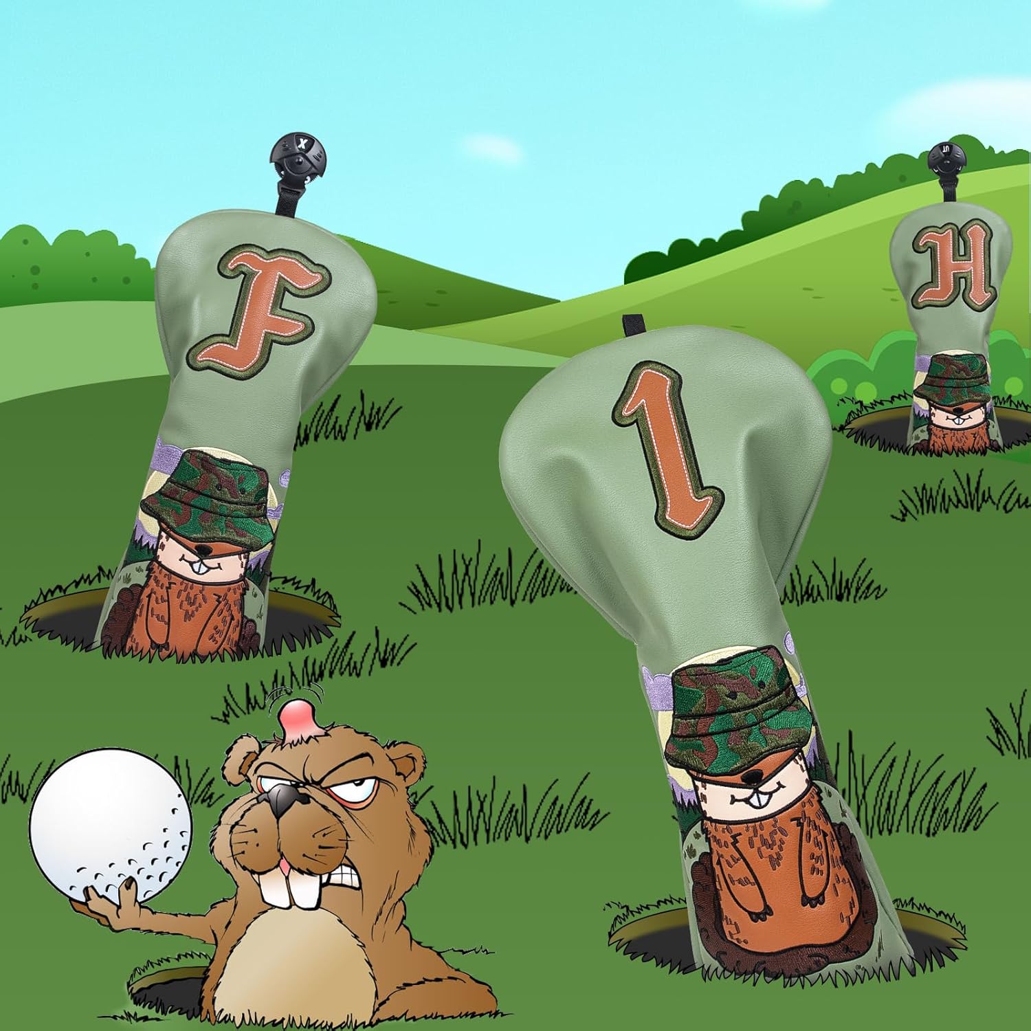 BIG TEETH Groundhog Driver Headcover Funny Gopher Driver Head Cover for 460cc Club, Woodland Golf Head Covers for Woods and Driver Pu Leather