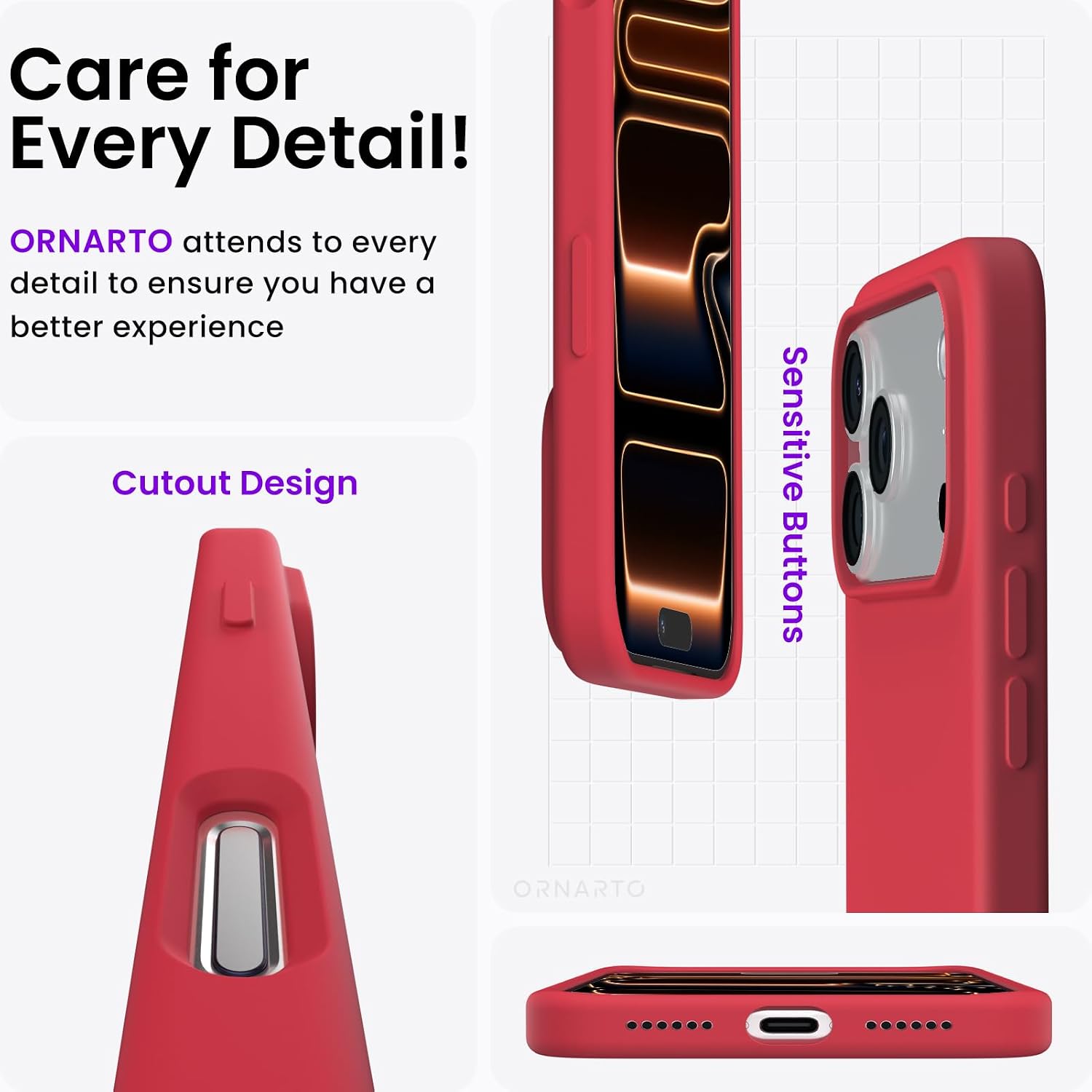 ORNARTO Compatible with iPhone 17 Pro Max Case 6.9", Slim Liquid Silicone 3 Layers Soft Gel Rubber Shockproof Protective Cover with Anti-Scratch Microfiber Lining-Red thumbnail