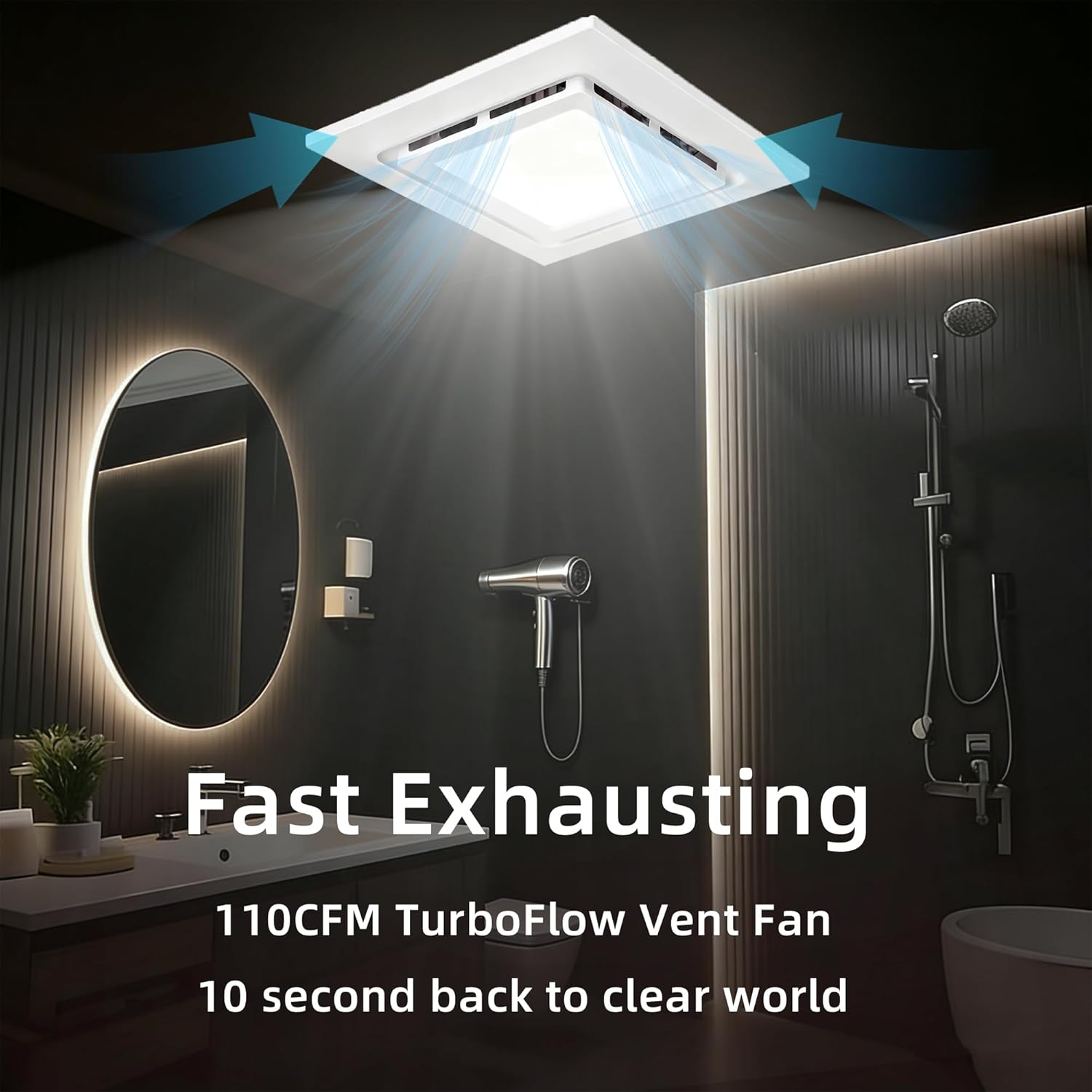 Quiet Bathroom Exhaust Fan with Led Lights, 110 CFM Whisper 1.0 sone, 8"x8" Opening, .9.4" Housing Ceiling Vent, Extractor for Ventilation, Garage, Basement,