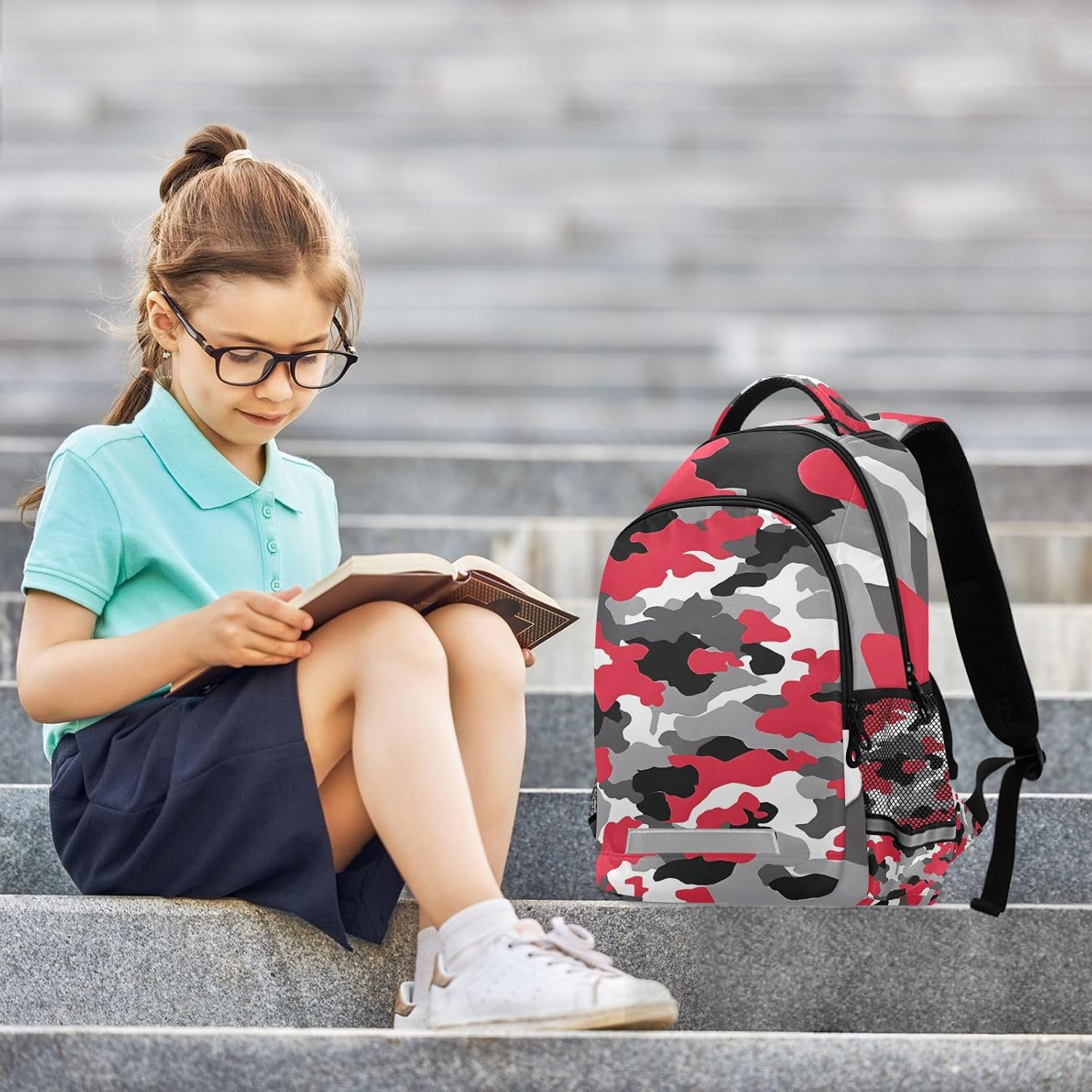 ALAZA Teens School Backpack Red Black White Camouflage Pattern Laptop Backpack with Reflective Strap, Travel Backpack Casual Daypack for Elementary Primary middle Bookbag