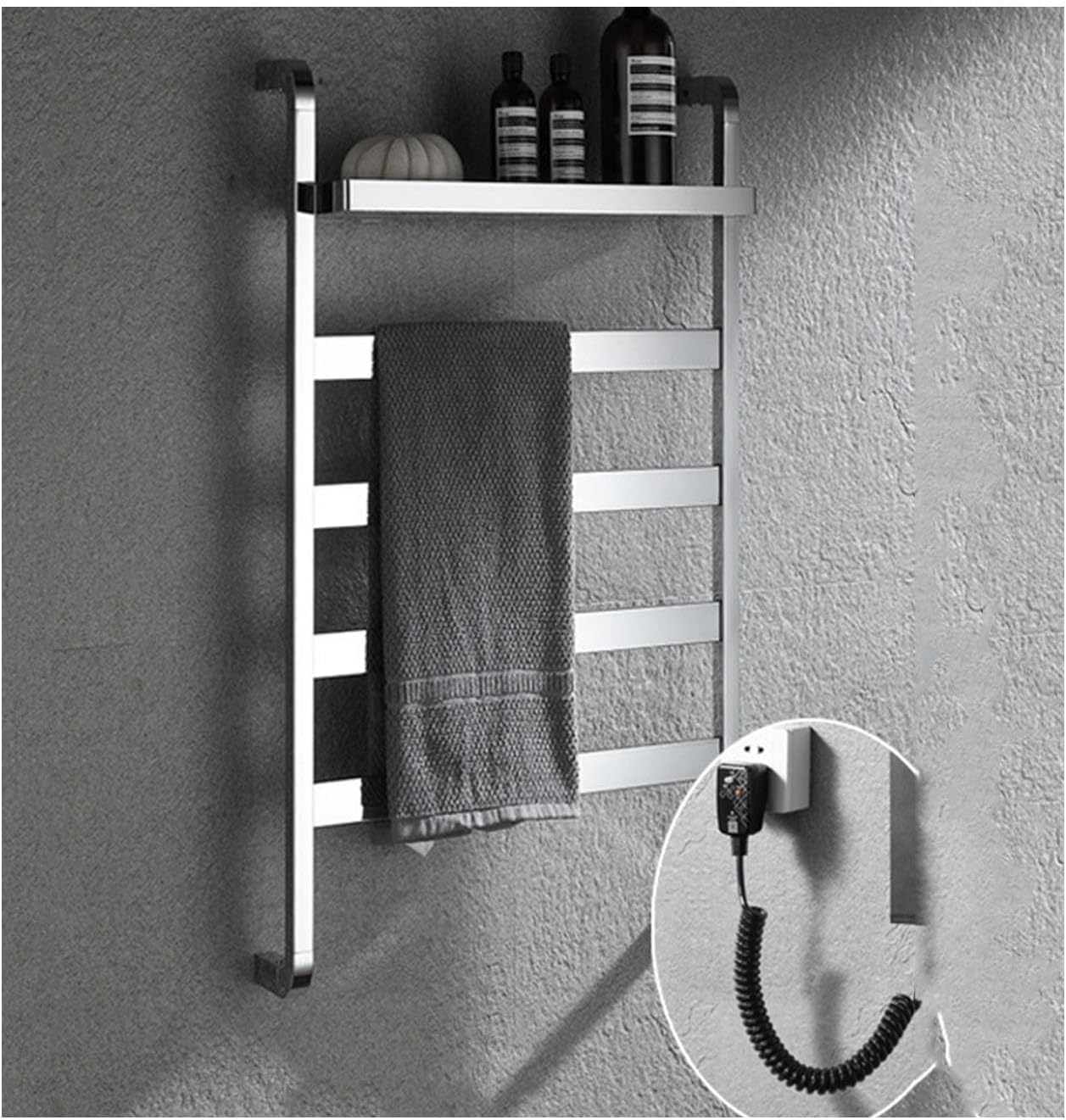 Towel Warmer Chrome A,Left Wire,Wall Mounted Electric Towel Drying Rack,Stainless Steel Bar for Bathrobes Blankets,Heated with Top Shelf-Black-Right，Chrome a Left Wire