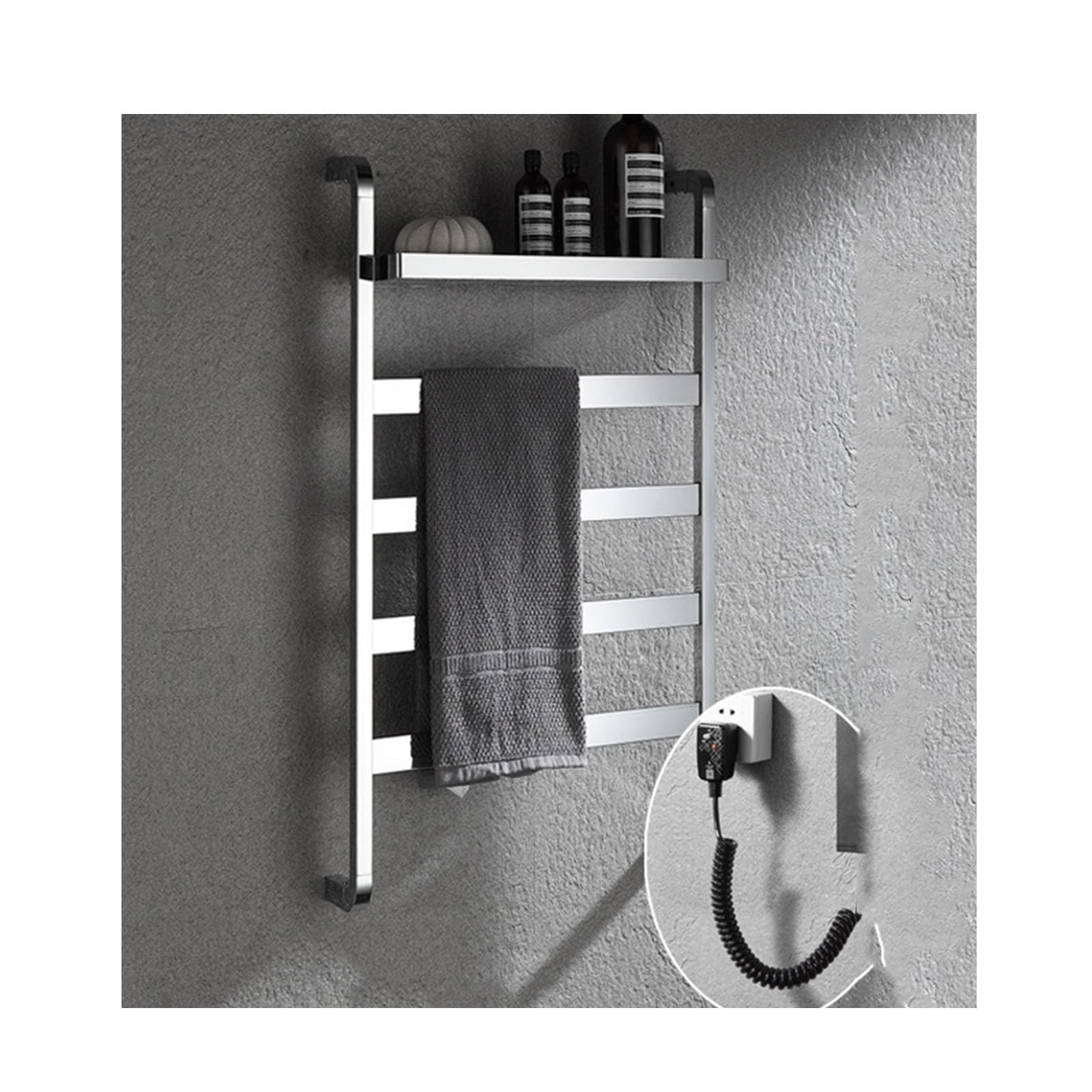 Toallero eléctrico de pared negro con estante superior de acero inoxidable