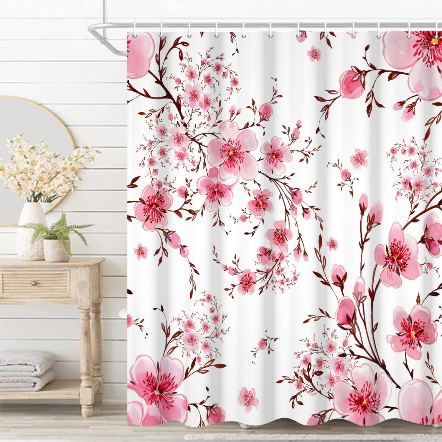 Cherry Floral Shower Curtain Spring Blooming Pink Flowers Chic Blossom Japanese Asian Art Shower Curtains for Bathroom Decoration Washable Durable Polyester Fabric, 72x72 Inch