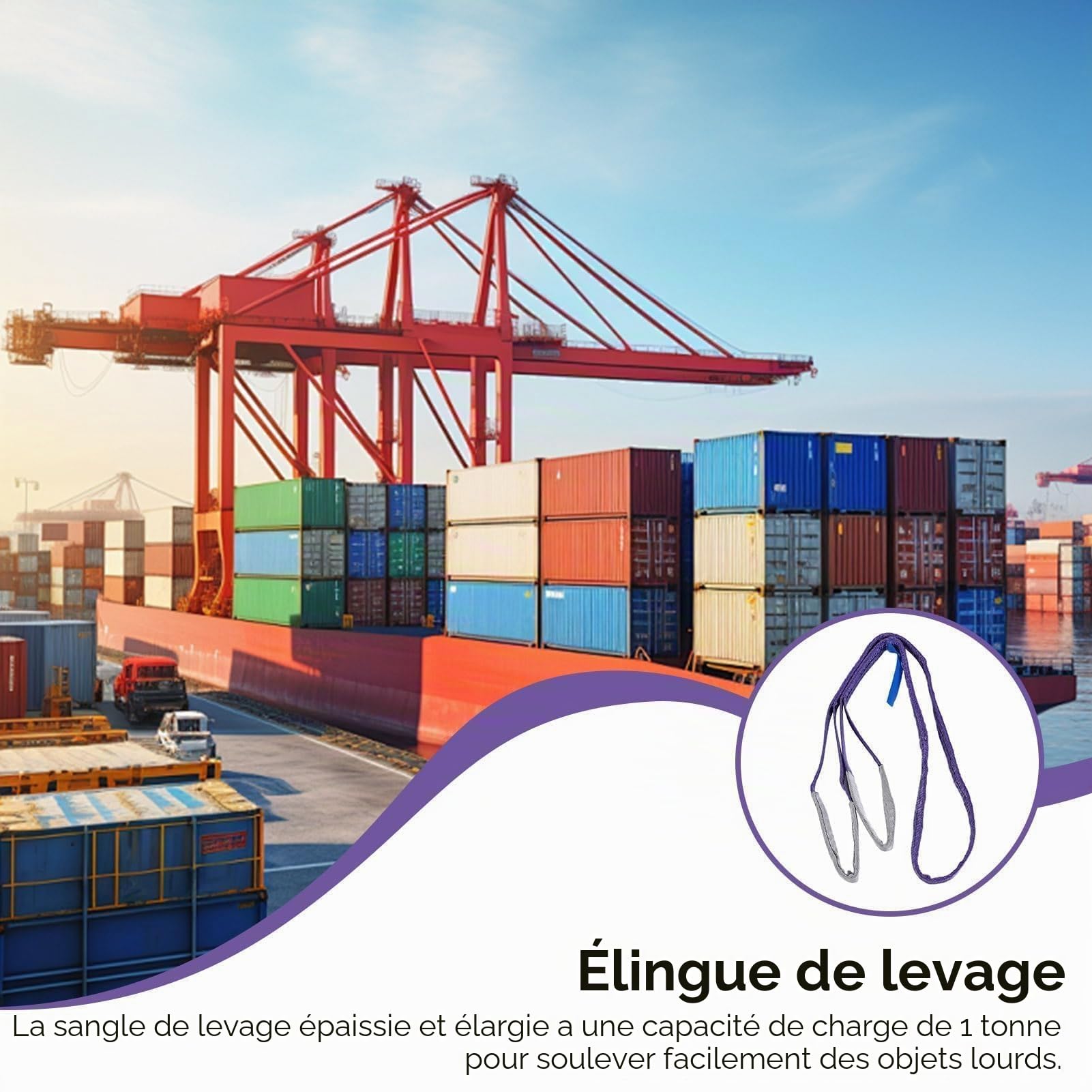 Élingue 1 tonne 2 m, Sangle de Levage avec Boucle Plate, Élingues Plates Tissées, Corde Anti-Abrasion et Anti-coupures en Polyester pour soulever des Objets Lourds
