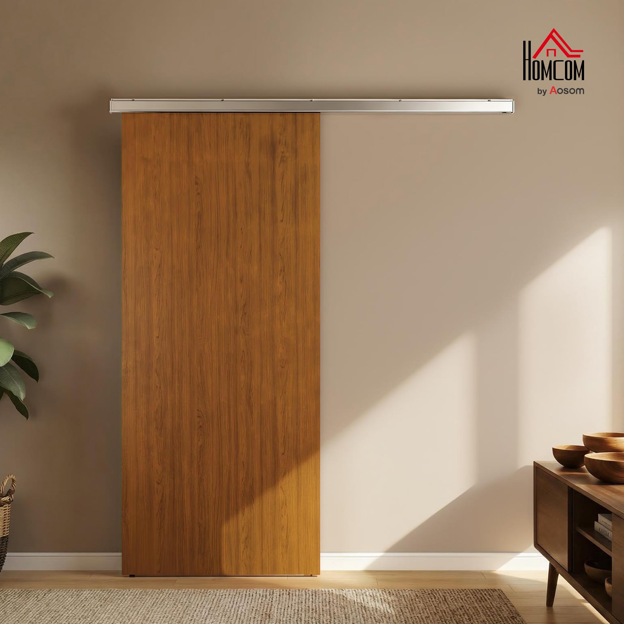 HOMCOM Puerta Corredera con Herrajes 90x210 cm, Puerta Corredera Interior con Rodillo, Riel de Aluminio, Guía de Suelo, para Baño, Salón, Sala de Estar, Marrón