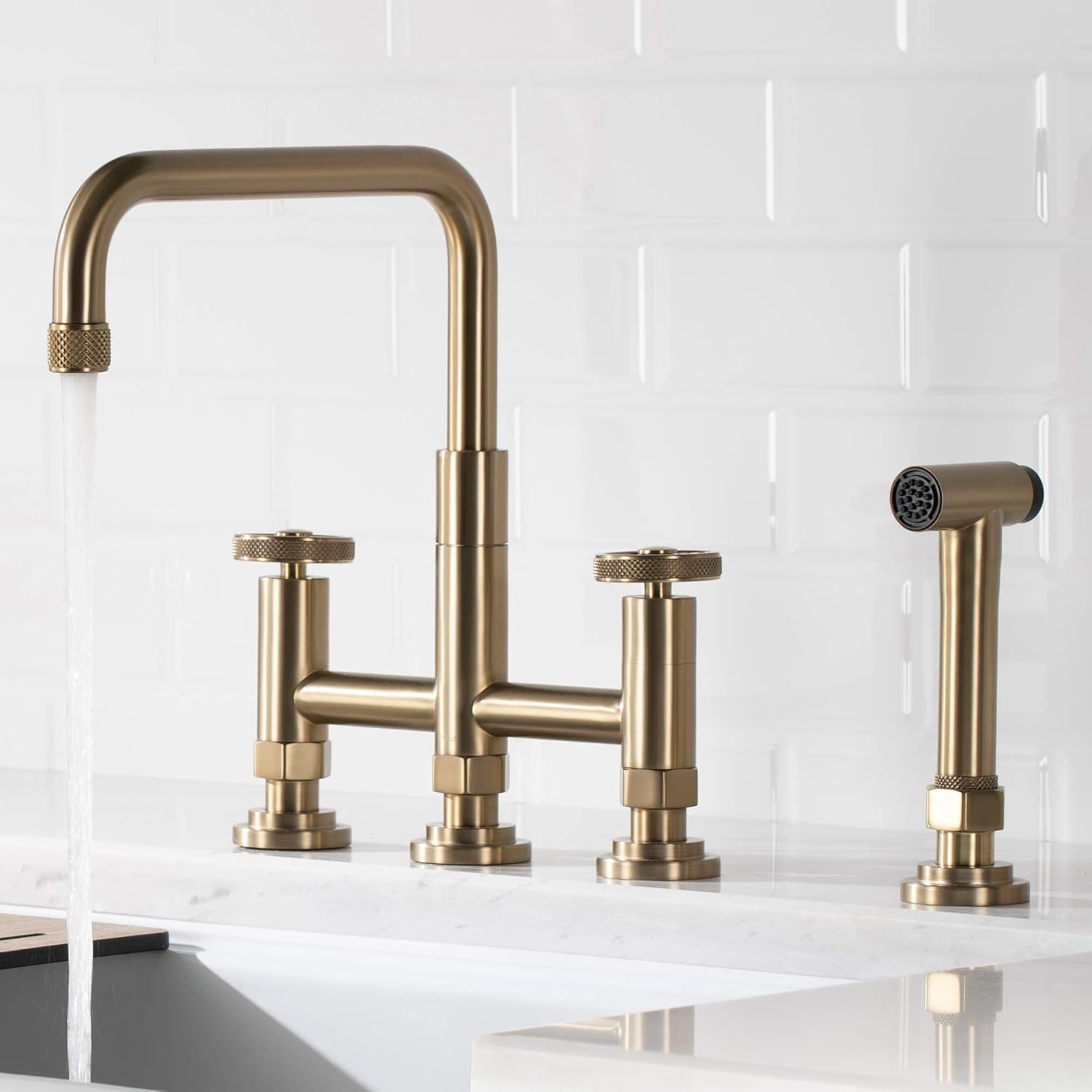 Kraus KPF-3125BG Urbix Industrial Bridge Kitchen Faucet with Side Sprayer, Brushed Gold