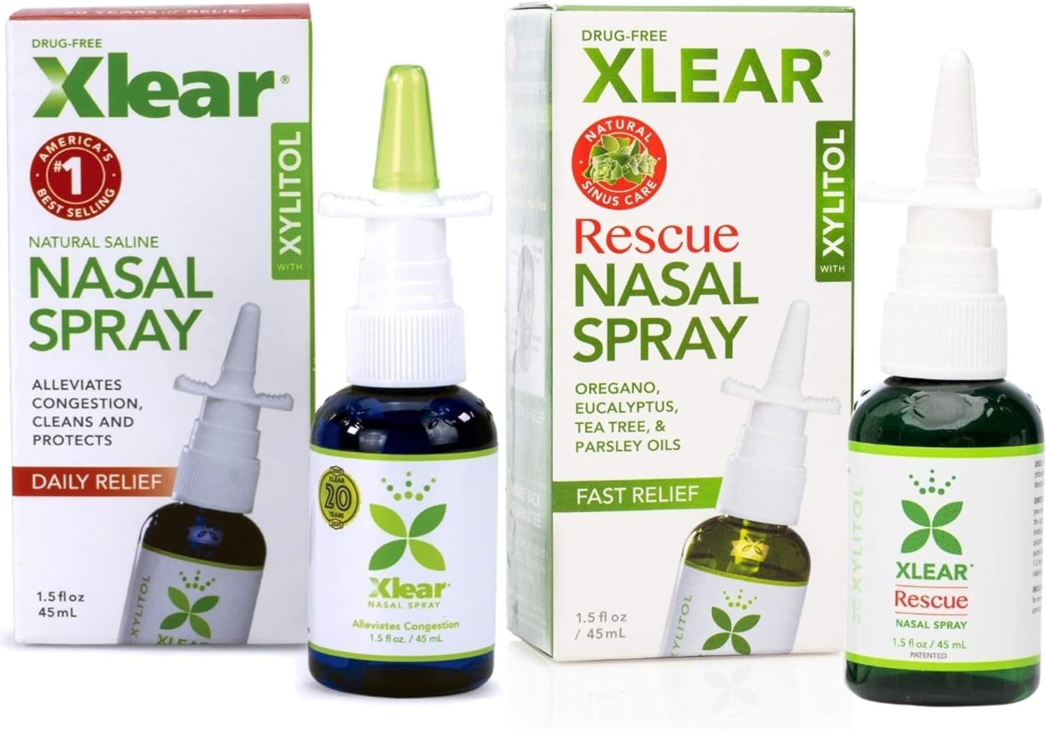 Xlear Natural Xylitol Nasal Spray, Regular and Rescue Bundle, Gentle Herbal Formula with Oregano, Tea Tree, Eucalyptus, Parsley, 1.5 fl oz (Pack of 2)