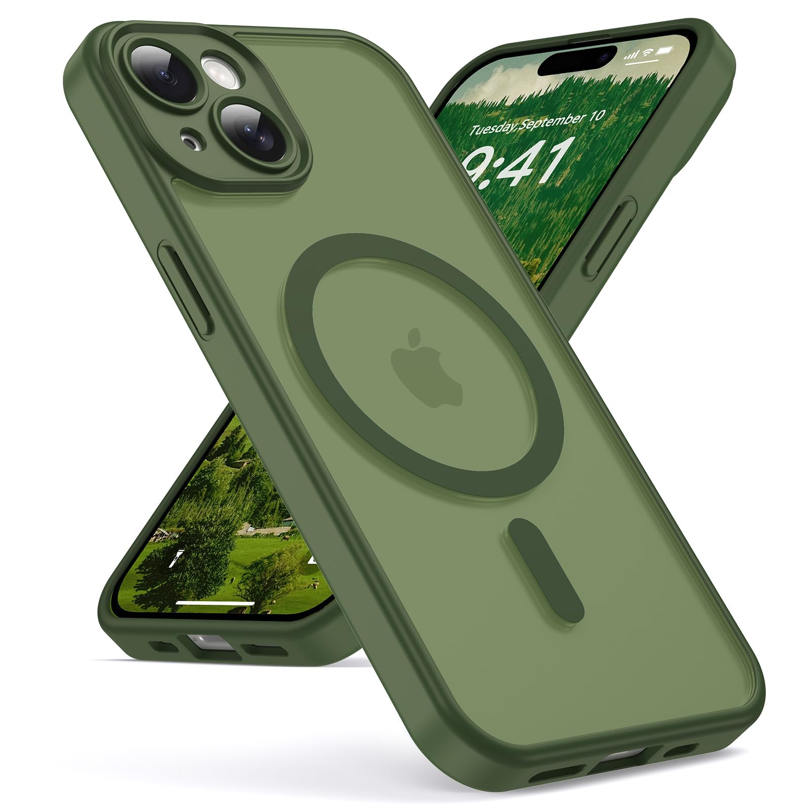 Oududianzi - Magnetica Cover per iPhone 15 Magsafe Case, SogeGreen | Custodia Traslucida Posteriore PC Silicone TPU Bumper, Protezione Della Fotocamera, Cover Militare Antiurto Anti-Impronte
