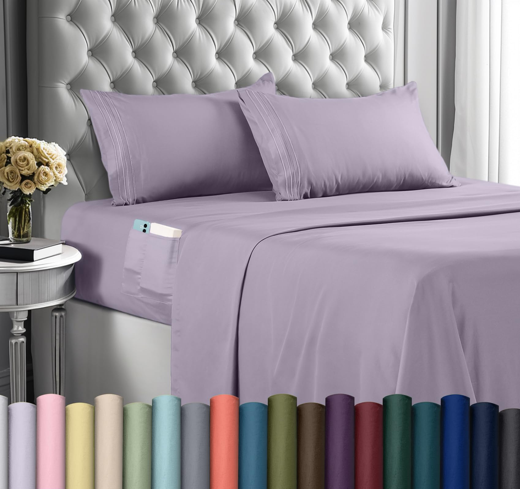 utopia bedding queen sheet set, soft microfiber 4 piece hotel luxury bed sheets for women, men, kids & teens with side storage deep pocket fitted sheet-pillow cases - flat sheet (lavender)