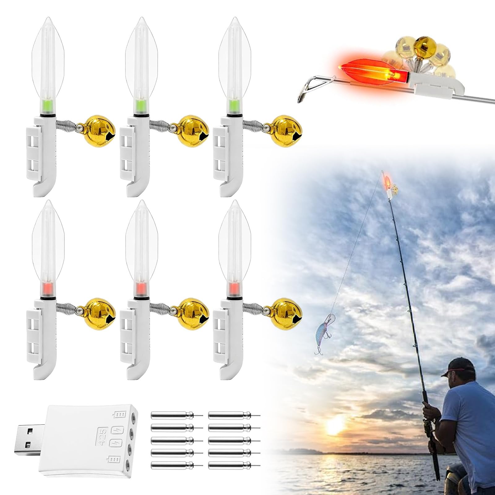 Lot de 6 Détecteurs de Touche de Pêche avec Lampe LED et Alarme Électronique