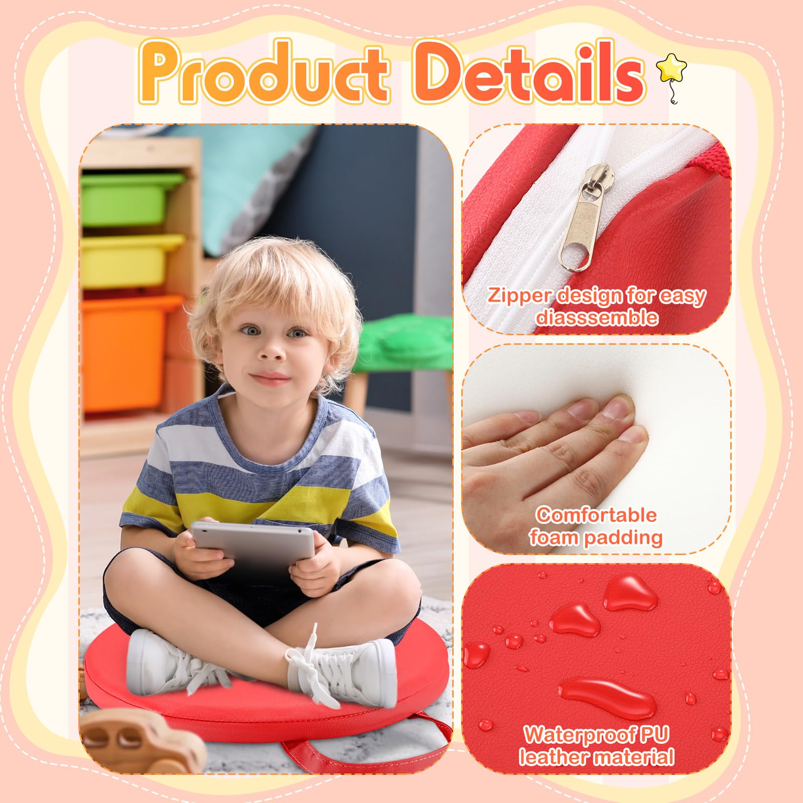 Cojines de Suelo de 30 x 30 cm para aulas. Asientos de Suelo Flexibles con Asas. Cojines de moqueta para aulas para niños pequeños, guarderías y Muebles de Preescolar.(Red)