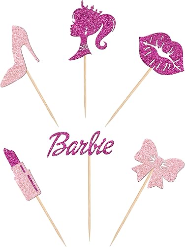 Miniatura 3 de Rsstarxi Paquete de 24 adornos de princesa rosa intenso para cupcakes con purpurina para niñas, decoración de cupcakes, de tacón alto, barra de