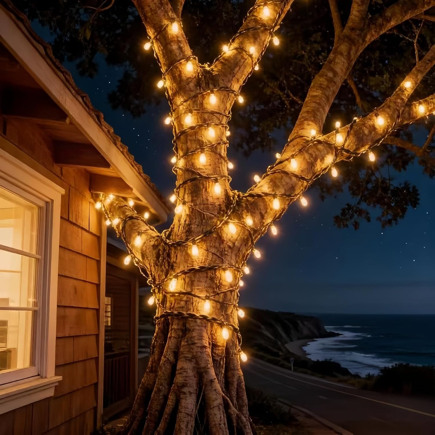 LUCKY SHINE 150 LED Warm White Christmas Lights, Commercial Grade Decorative Lighting String Brown Wire 50 FT, for Indoor Outdoor Party, Garden, Patio