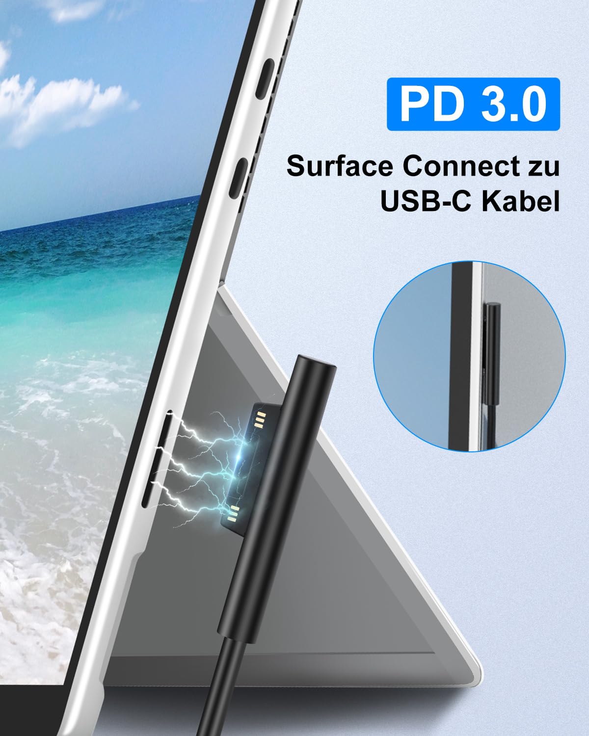 65W GaN szybka ładowarka do Microsoft Surface, ultrakompaktowa z dwoma portami (USB-C i USB-A), kompatybilna z Surface Pro 3–11/X, Book, Go, Surface Laptop Studio, w tym kabel 1,5 m