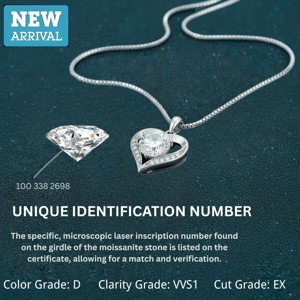 Moissanite Necklace for Women, 1-3 Carat Heart Pendant Engraved I LOVE YOU, Birthday Gifts for Women Girlfriend, Anniversary Present for Wife, Jewelry Gifts for Valentine's Day - Image 3