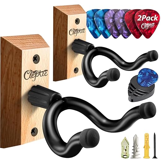 Guitar Wall Mount 2 Pack - U-Shape Guitar Wall Hangers, Guitar Stand Wall, Black Walnut Guitar Hanger, Pick Holder, Gifts for Guitarists, with 6 Assorted Guitar Picks
